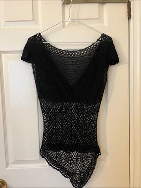 Black Crochet Short-Sleeve V-Neck Top Whimsigoth